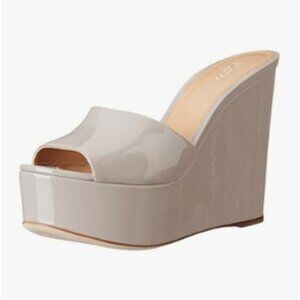 YDN Grey High Heels Platform Mules Peep Toe Clogs Slip on Wedge Sandals Shoes